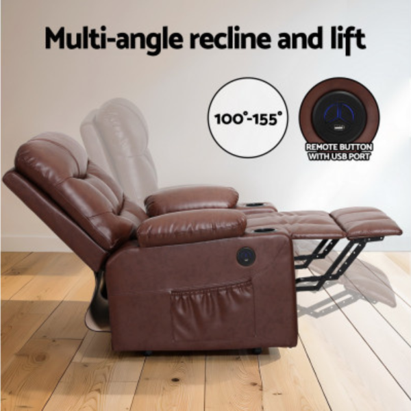 Electric Heated Lift Recliner | Massage Chair | Brown Leather | 180Kg Weight Capacity - Image 4